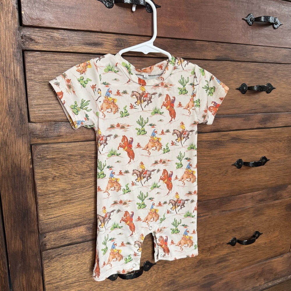 Baby Toddler Girl Boy Western Romper 18- 24M Short Sleeve Round Neck Bull/ Cactu